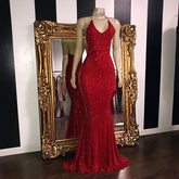 Vestidos de fiesta de sirena sexys con lentejuelas y sin mangas | Vestidos de noche rojos con cuello halter y brillo
